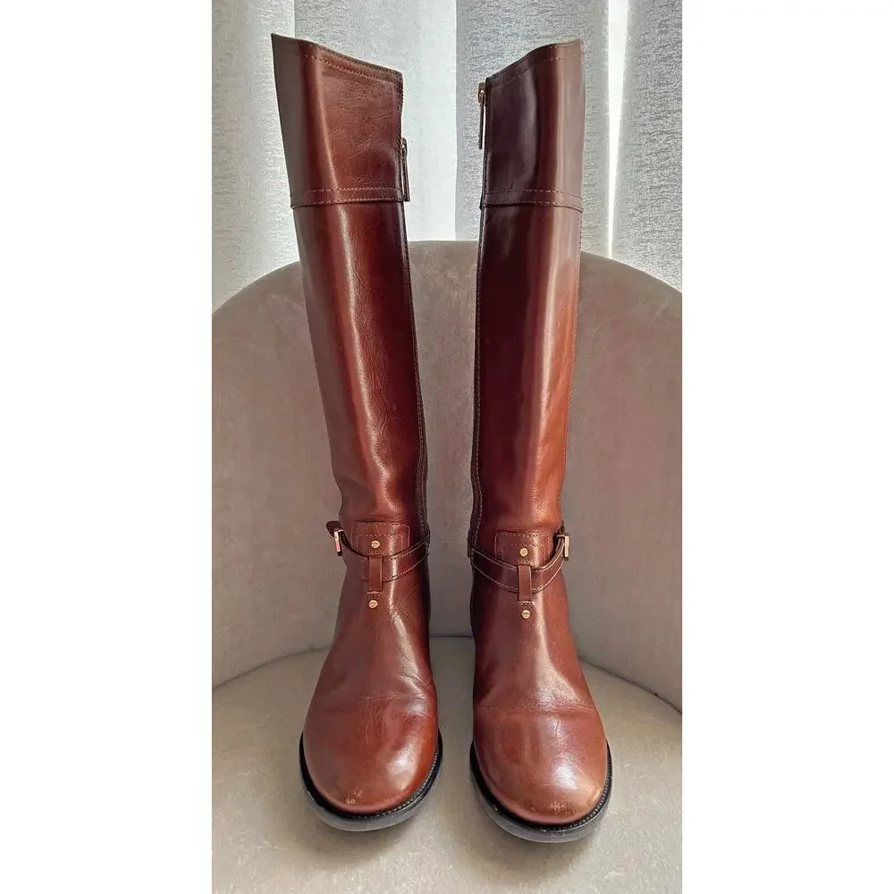 Tory Burch Brita Brown Leather Riding Boots 22138519, Side Zip, Size 6.5M